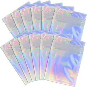 100 Pack Holographic Resealable Plastic Bags for Food Storage, Zipper Bags with Clear Front Window, Packaging Pouch for Small Business (3x4.8 inch)