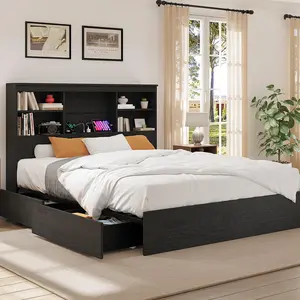 【GARVEE】Tall Storage Bookcase Headboard Bed Frame - King Size Platform, 4 Drawers, Built-in Charging Station, Sturdy Metal, Noise-Free, Farmhouse Style, No Box Spring Needed