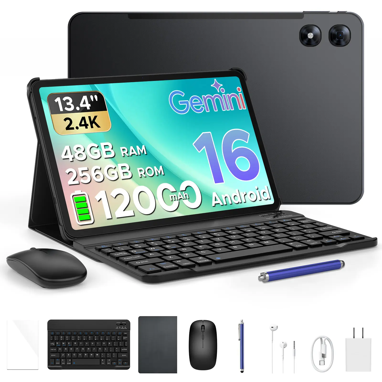P13 Pro 13.4 Inch Large Tablet, Android 16 Tablets, Gemini AI, 120Hz, 48GB RAM+256GB ROM, 12000mAh/18W, T7280 Octa-Core, 4G Dual SIM, OTG, 16MP, Face ID, 5G WiFi, Tablet with Keyboard Stylus