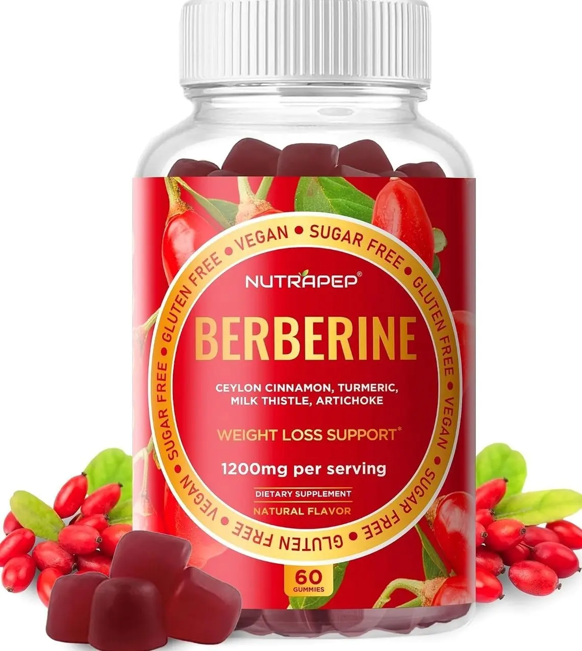 Premium Berberine HCl Weight Loss Support Gummies - 1200 mg Berberine HCl with Ceylon Cinnamon Turmeric Milk Thistle Artichoke for Metabolism Appetite Support - Sugar Free Gluten Free