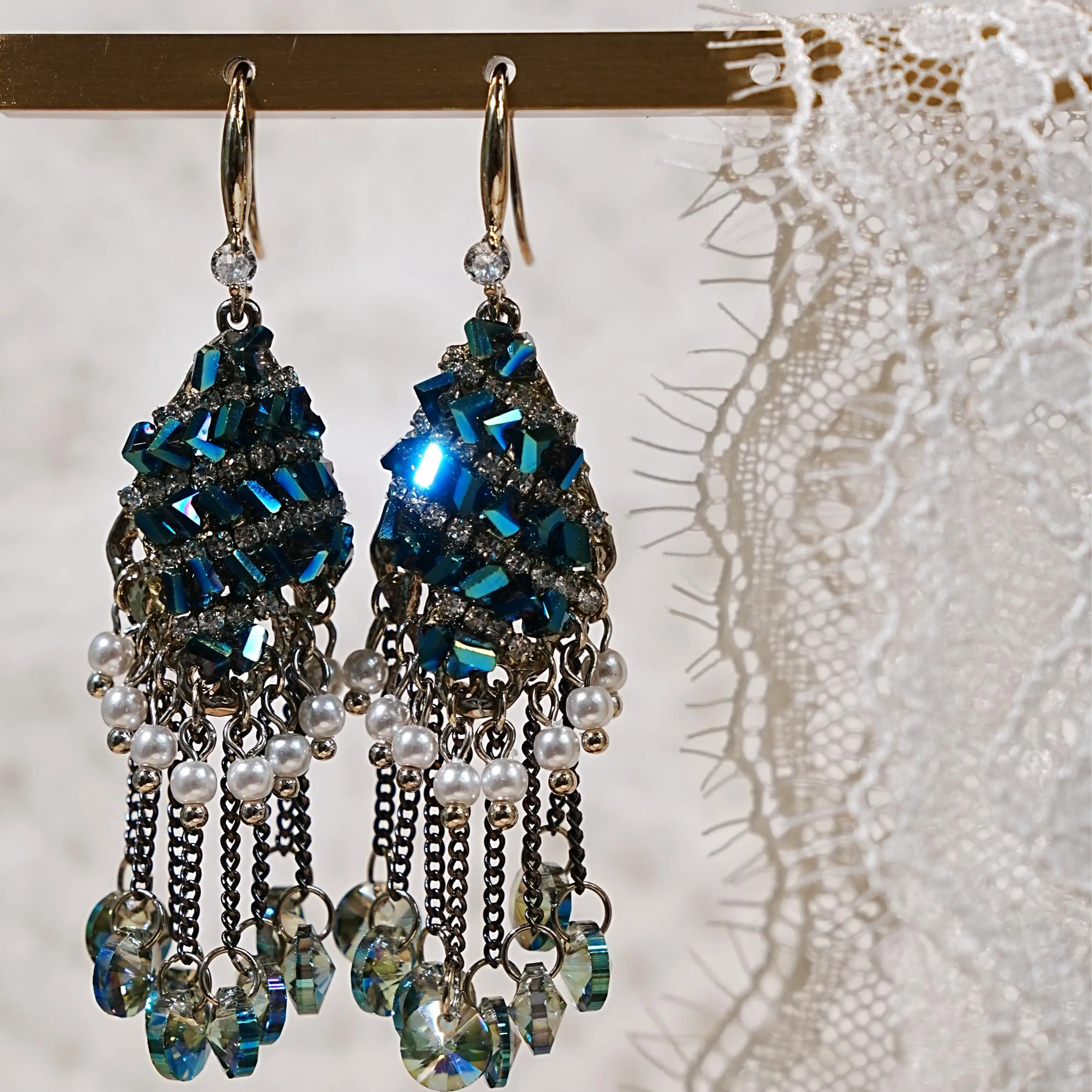 Vintage Peacock Blue Crystal Fringe Earrings, Rhinestone Pearl Chain Tassel Long Dangle Statement Earrings