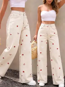 Women's Casual Strawberry Bow Print Wide Leg Jeans, Kawaii Cute Strawberry, Floral And Bow Print Pattern Women's Denim Jeans, Comfortable Loose Fit Denim Jeans, Trendy Fashion for Everyday Wear