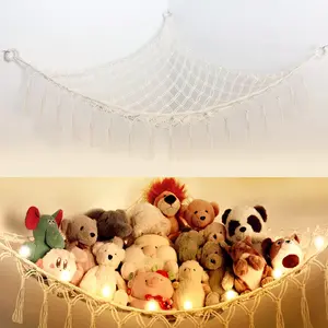Stuffed  Net or Hammock with Light, Macrame Hanging Net Hammock for Stuffed   Storage Organizer Boho Decor Room Holder for  Play Room Bedroom (Beige-2)