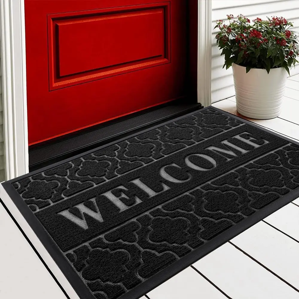 Welcome Mat Outdoor Indoor, All-Season  Front Door Mat Outside Entrance, All-Weather Heavy Duty Non-Slip Doormat, Low Profile Porch Patio Entrance Mats, 29.5x17, Black