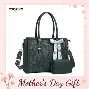 【Mother's Day Gift】MOSISO 15.6-17.3 inch Laptop Tote Bag for Women, PU Leather Waterproof Work Bag with 3 Compartments, Padded Laptop Section, With Clutch Purse & Silk Scarf, Fits MacBook/Dell/HP, Ideal for Office/Business/Travel, Retro Hibiscus Pattern