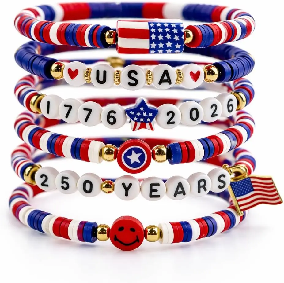 Women's Stretch Stackable Plastic 4th of July Independence Bracelets - 6-Pack USA 250th Anniversary (1776-2026) Merchandise with Date Charms, Fourth of July Party Favors, Costume Jewelry Accessories