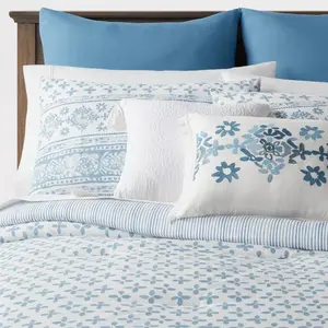 Threshold 8-Piece Comforter Set Percale Floral Block by, Light Blue, Queen Threshold 8-Piece Comforter Set Percale Floral Block by, Light Blue, Queen