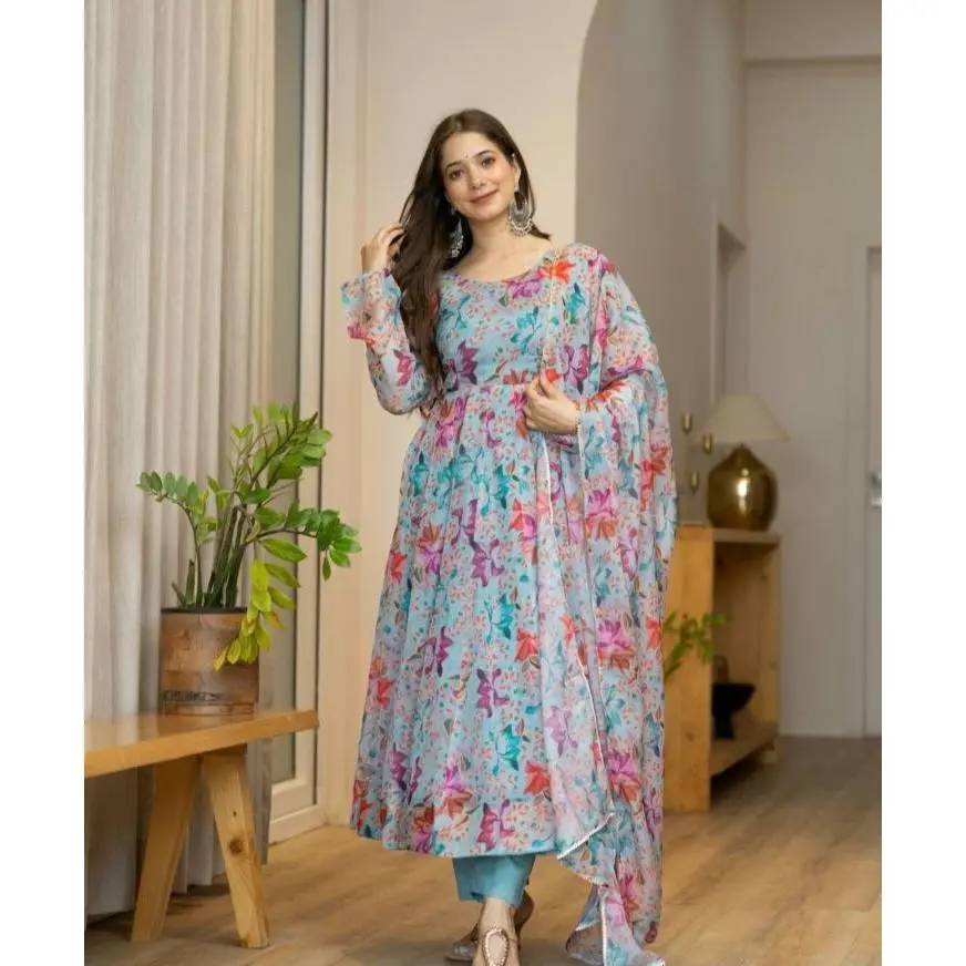 3-Piece Elegant Design Anarkali Outfit in Large Size for Women GEORGETTE fabric