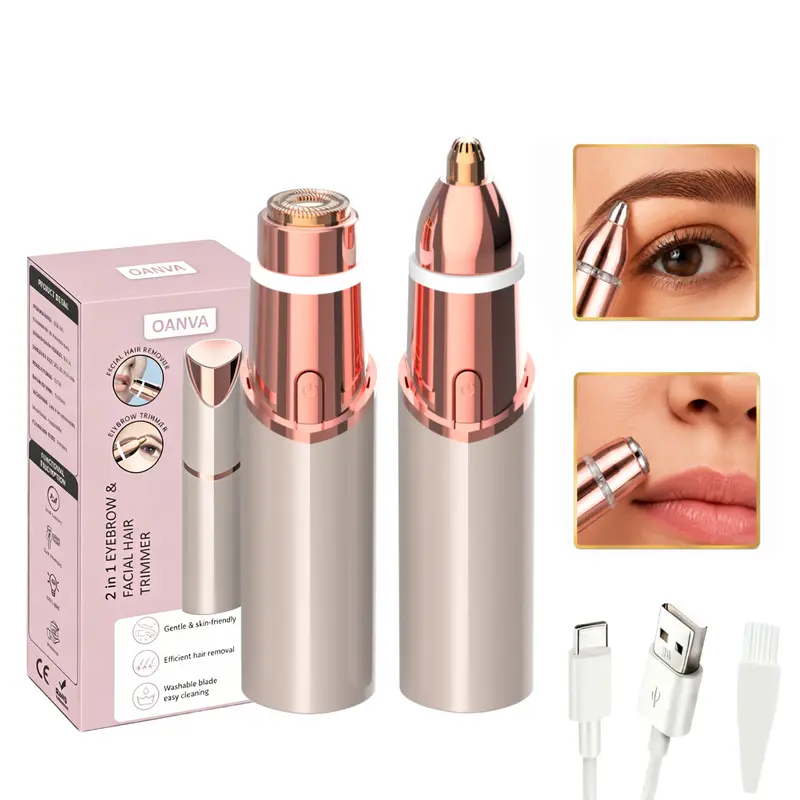 OANVA 2 in 1 facial & eyebrow hair trimmer for Women, Rechargeable Face Razor, Lip & Peach Fuzz Remover, Precision Eyebrow Shaper, Portable Painless Hair Removal Tool.