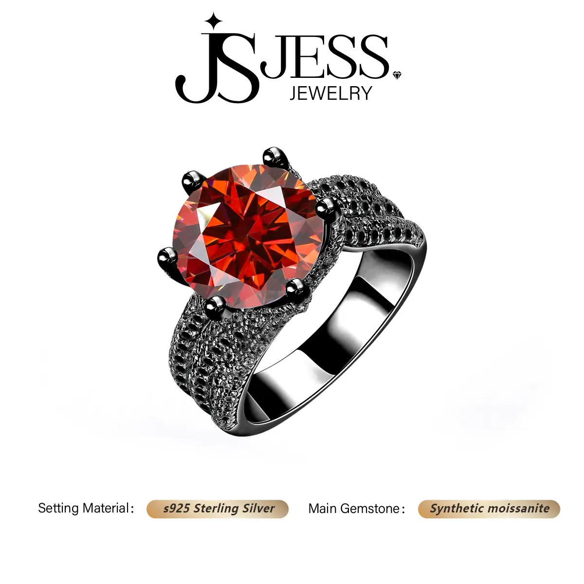【#204】Bold Black Engagement Ring, 3ct VVS Synthetic Moissanite, Anniversary Birthday Gift for Women