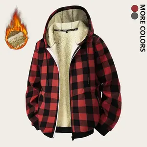 Men’s outdoor street hooded jacket, fashionable vintage plaid campus-style long-sleeve coat with fleece lining and zippered pockets, suitable for daily commuting and running workouts