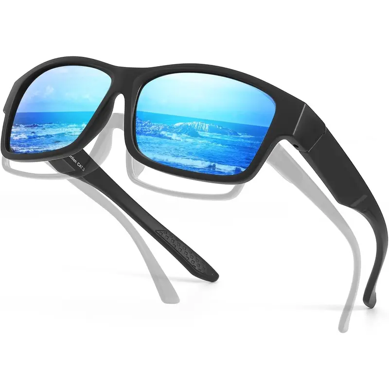 Men's Classic Polarized Square Frame Fit-Over Sunglasses - TR90 Nylon Unisex UV Blocking Eyewear, Anti-Glare, High-Definition, Durable Ergonomic Design, A02 Black Frame/Blue Lens, Men's Accessories for Driving, Outdoor Leisure