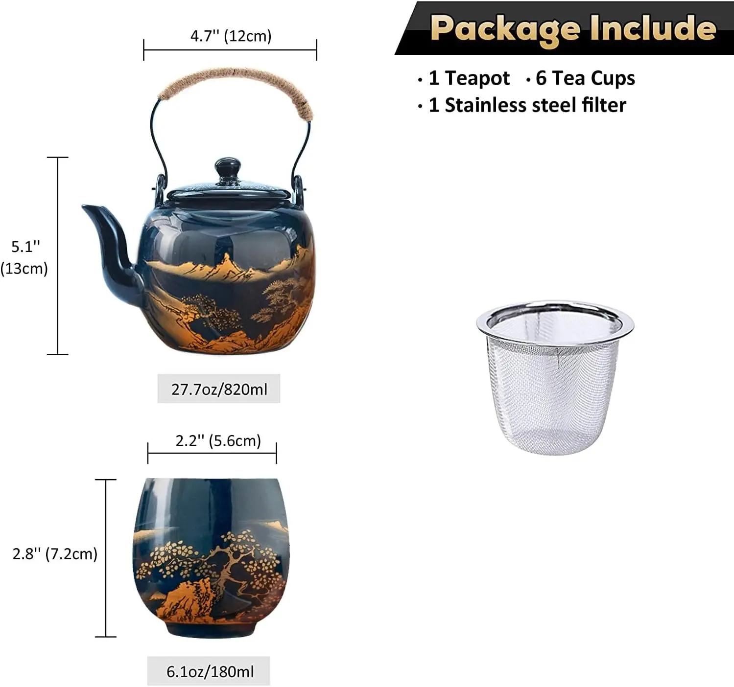 Gift Set Japanese Tea Set, Asian Black Glazed Ceramic Tea Set - Contains 1 Teapot, 1 Tea Strainer and 6 Teacups. Ideal for Home, Outdoor, Office (Blue1)