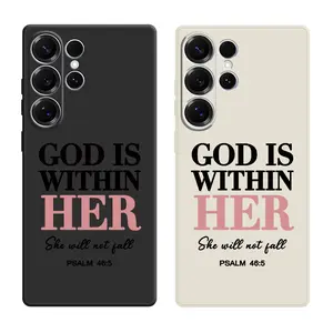 God is Within Her,She Will Not Fall Text Pattern Phone Cases For Samsung Galaxy S26 Ultra S25 Edge S24 Plus S23 FE S22 S21 Shockproof TPU Soft Liquid Silicone Cellphone Casing Cover With Lanyard Button