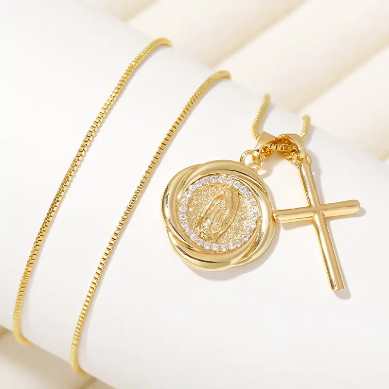 Gold Cross Necklace for Women - 14k Gold Plated Virgin Mary Pendant Necklaces,Hypoallergenic Non Tarnish Golden Cubic Zirconia Catholic Virgen de Guadalupe Jewelry,Religious Faith Baptism Gift for Her