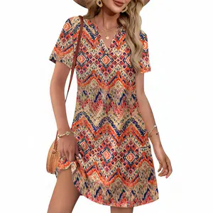 New Style Summer Casual V-Neck Loose Dress With Short Sleeves, Fashionable Beach Resort Outfit For Ladies