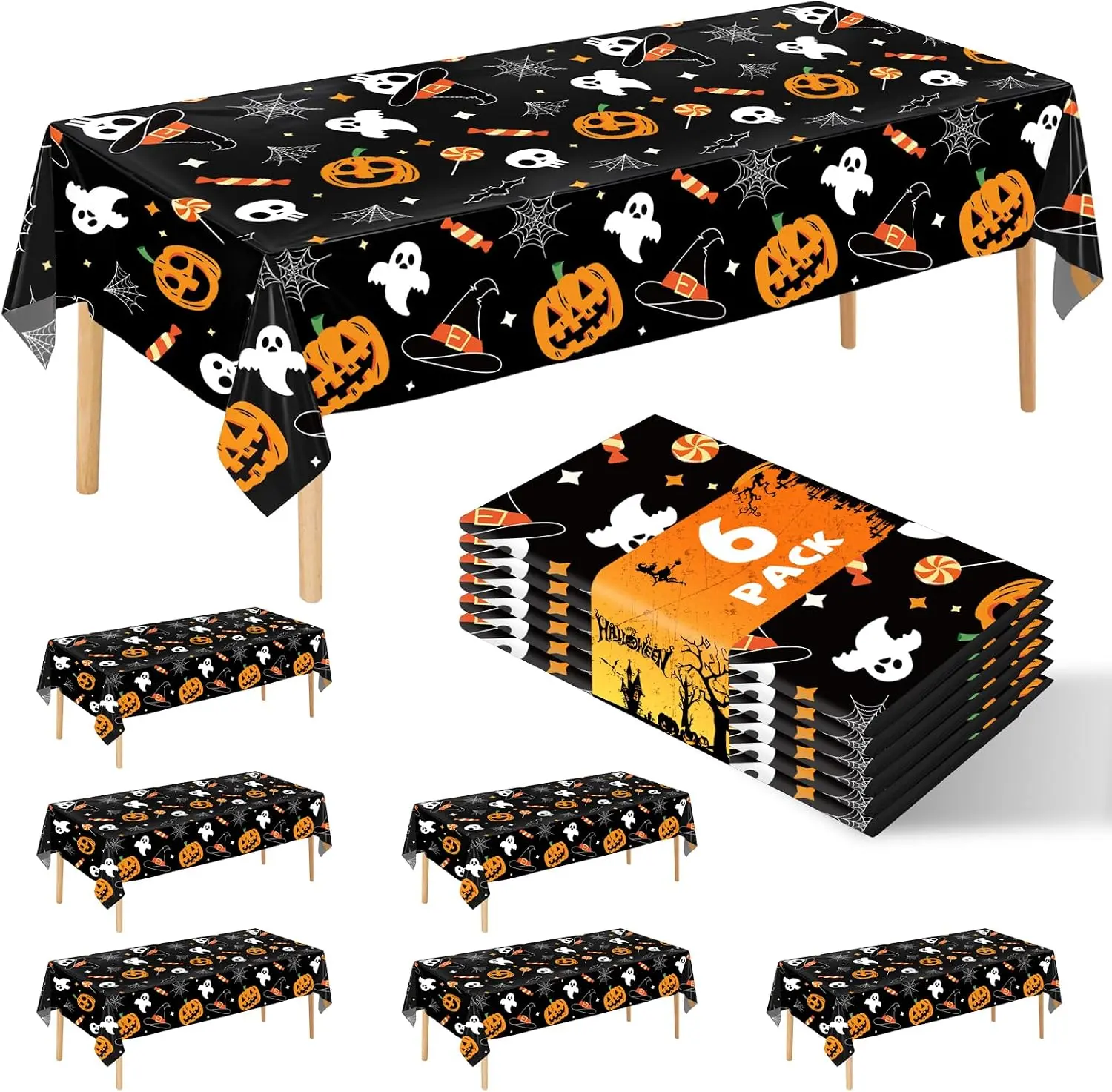 6 Pack Halloween Pumpkin Ghost Tablecloth, 54" x 108" Rectangular Web Table Cloth Large Size Halloween Table Covers for Home Decor Decorations (Halloween Pumpkin Ghost)