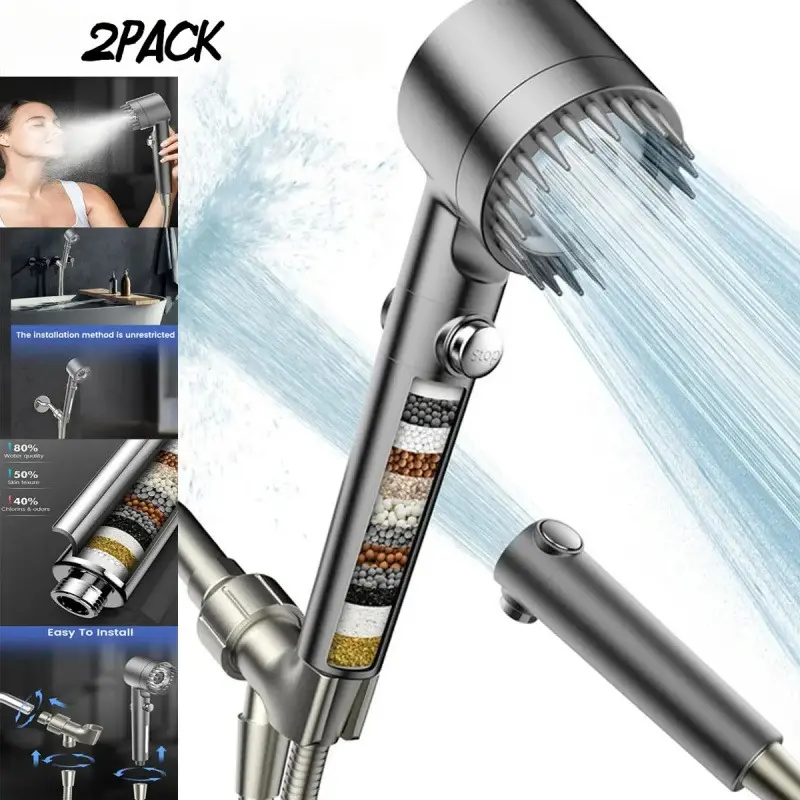 2-Pack High-Pressure Filtered Adjustable Handheld Shower Head with Handheld Sprayer, 4-Function Shower Experience, 1.5m Hose, 360° Rotatable Bracket, Showerhead With Handheld Sprayer, High-Pressure Handheld Showers massage Massage multiple spray mode