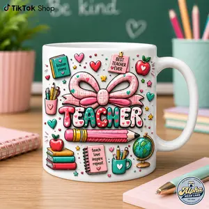 3D EFFECT Best Teacher Ever Mug, Cute Teacher Coffee Mug Gift for Women Back to School Appreciation Ceramic Cup