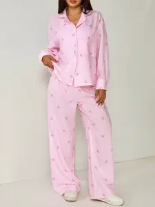 Women's Striped Bow Print Lapel Long Sleeve Pajama Set, Casual Comfortable Homewear, Loungewear, Daily Wear, Fashion Design, Suitable for Women