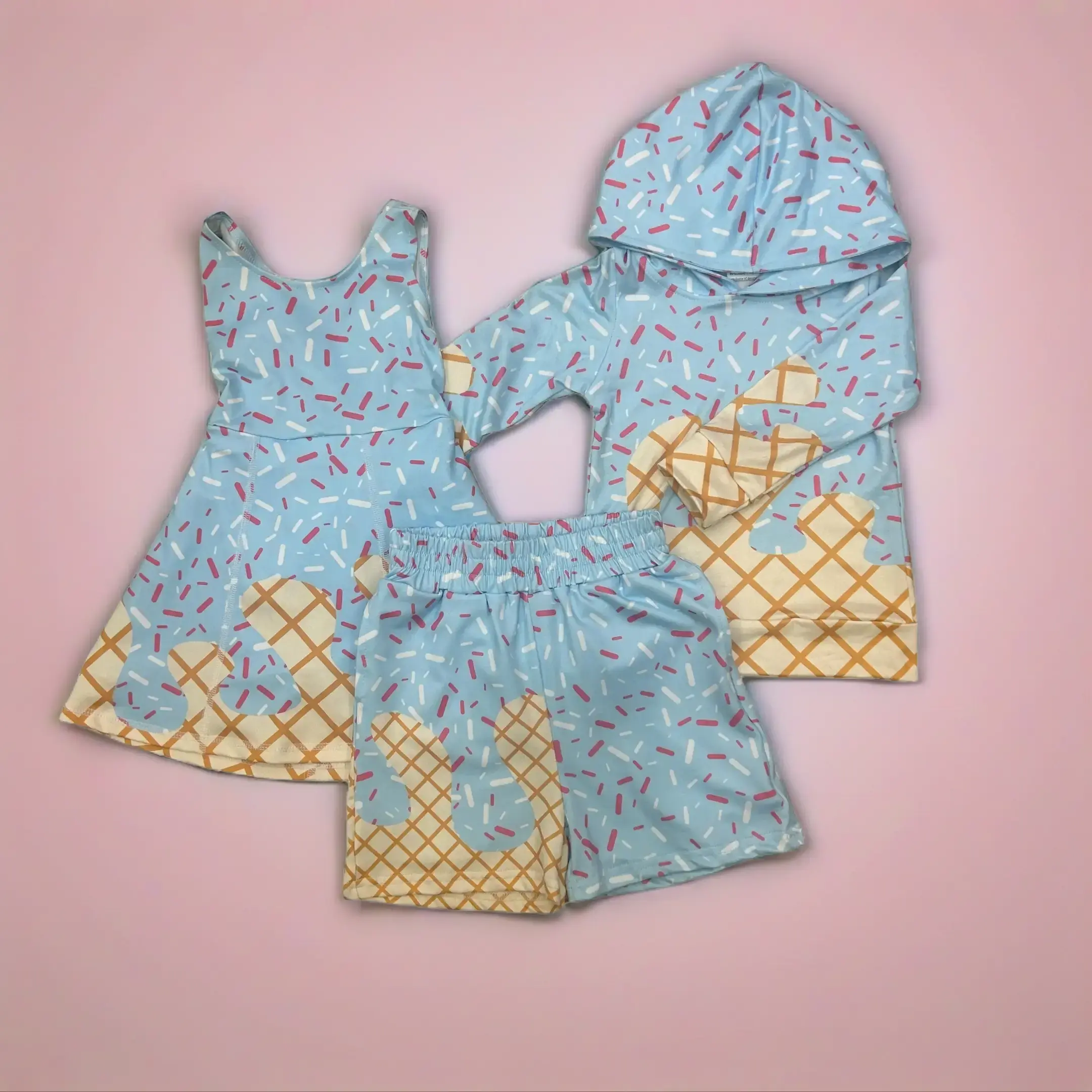 Kids Game Day Ice Cream Theme Matching Outfits - Ice Cream Blue Girls Dress, Cutie Boys' Sets, Boys' Hoodies, Matching Sets