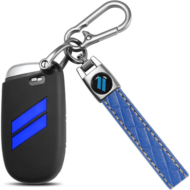 for Dodge Key Fob Cover with Keychain for Dodge Charger Challenger Dart Durango Journey Replacement Remote Control 3 4 5 Buttons Key Fob Shell (Blue Trim, 1 PC)