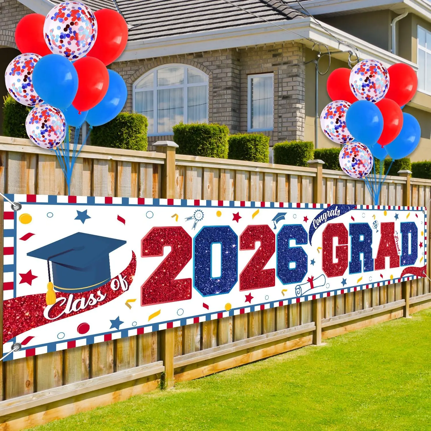 Class of 2026 Red and Blue Vinyl Graduation Yard Sign & Banner Set with 18 Balloons - Large Home, Festive Party Decor Supplies