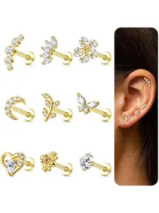 9pcs 16G Cartilage Earrings Set - Tragus, Helix, Conch, Labret, Cubic Zirconia - Butterfly, Moon - Gold, Silver - Piercing for Women