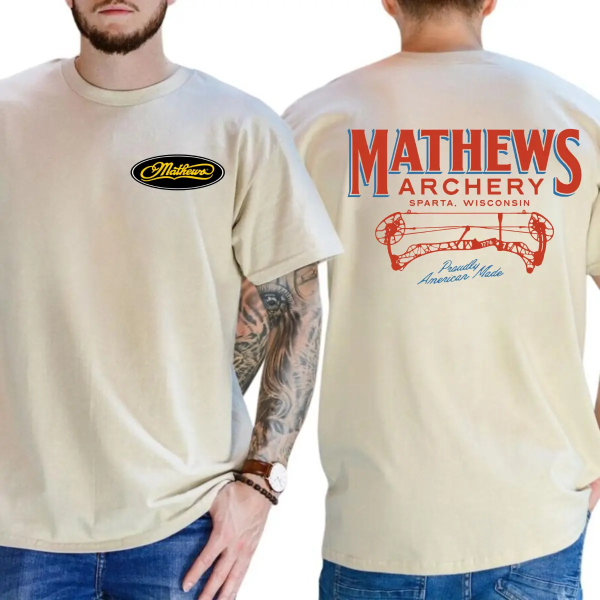 Mathews Archery Proudly American Made T-Shirt, American Made Bowhunting Tee, Unisex Short Sleeve Casual, Tactical Gear for Hunting Lover, Menswear Tops