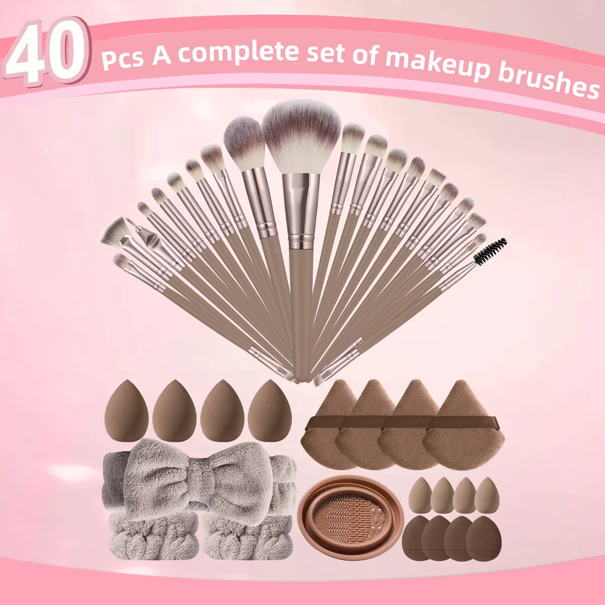 40pcs Face Makeup Tools Set,20pcs Makeup Brushes&Hair Strap&2pcs Wrist Strap&4pcs Large Makeup Sponge Powder Puff&4pcs Fan Powder Puff&4pcs Mini Makeup Sponge&4pcs Thumb Powder Puff&Brush Bowl