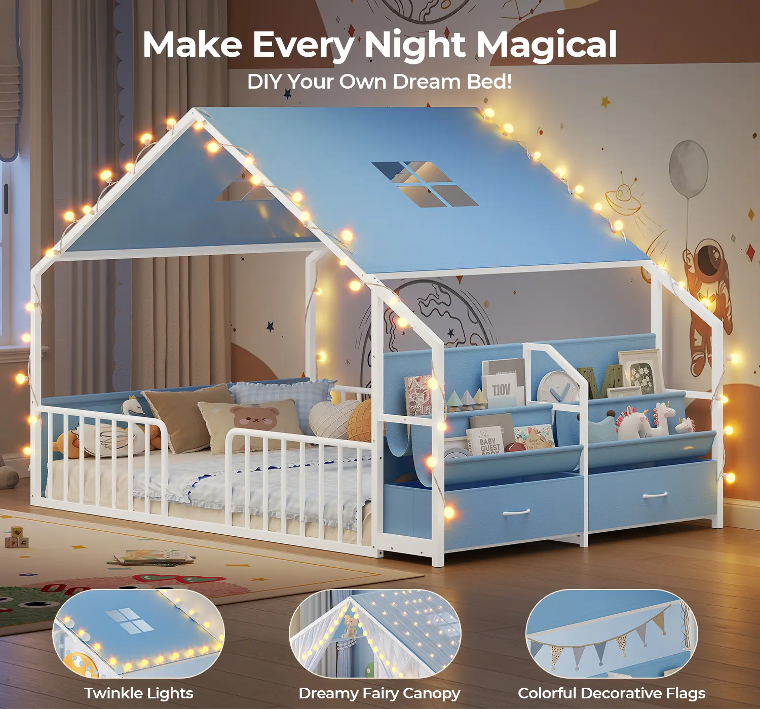 ADORNEVE Full Size Floor Bed with Sling Bookshelves and Storage Drawers Metal House Bed with Safety Guardrails for Bedroom