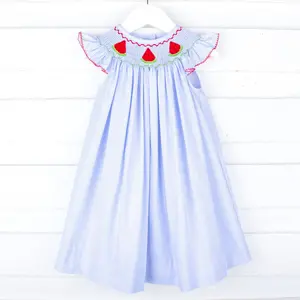 Watermelon Blue Windowpane Smocked Angel Sleeve Dress - Girls Summer Outfit