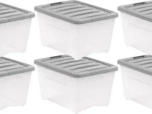 Amazon Basics Plastic Storage Containers with Secure Latching Lids, Stackable Organization Bins, 32 Quart, Set of 6, Clear/Grey