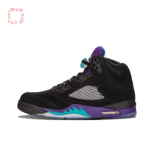 Black Nubuck Upper High-Top Retro Basketball Shoes with Grape Purple and Teal Accents