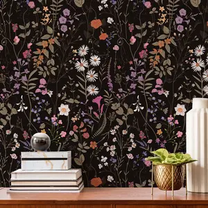 JiffDiff Floral Wallpaper Peel and Stick - 118" x 17.3" Farm Floral Wall Wallpaper, Wildwood Wallpaper Daisy Self Adhesive Stick On Wallpaper Wall Stick Removable Wallpaper (Mustard)