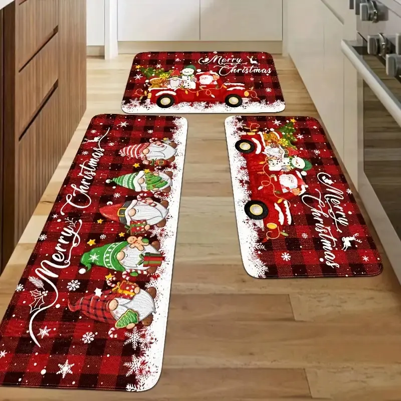 Boho Floral Rug, Multi-Size 1/2/3pcs Christmas-Themed Polyester Fiber Flannel Decor - Santa Gnome, Truck, Snowflake, Plaid Stripes Designs, Quick-Drying Floral Washable Rug for Home Bathroom, Hallway, Home Decor Rugs