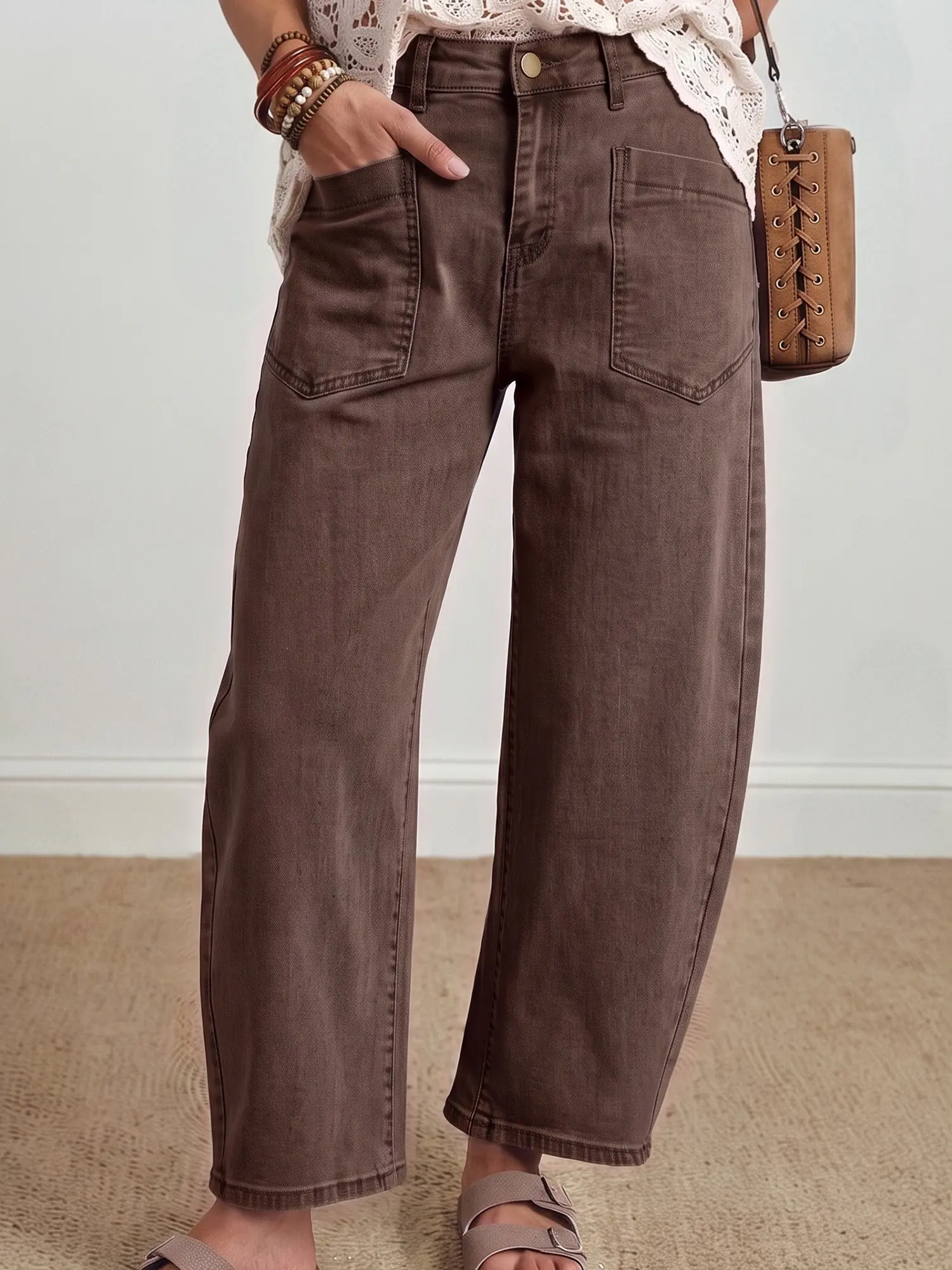 Coffee Solid Color Square Patch Pocket Ankle-length Barrel Jeans