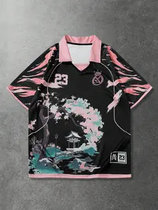 Vintage Blokecore Cherry Blossom Soccer Jersey | Aesthetic Oriental Graphic Football Shirt | Pink Dreamy V-Neck Oversized Streetwear Top for Summer Lightweight Jersey