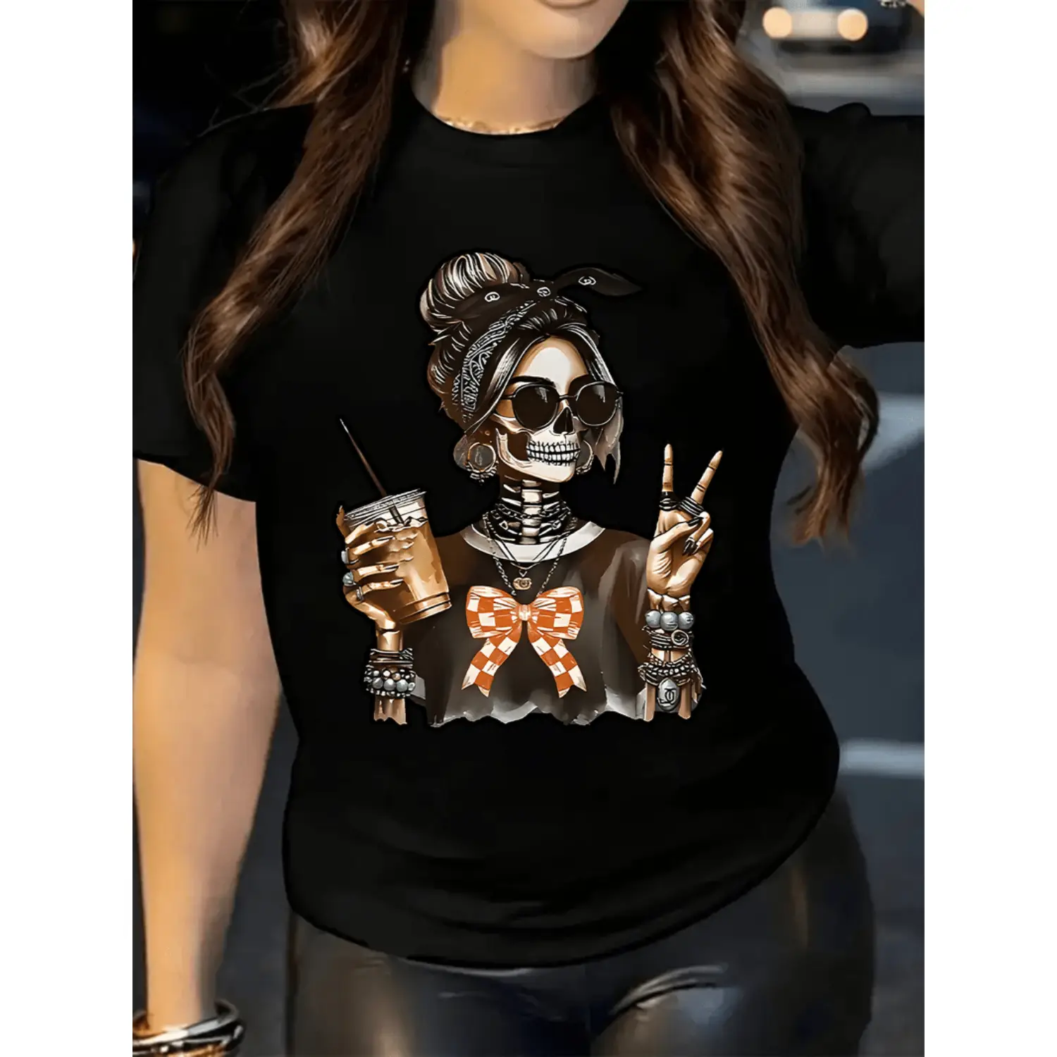 Skull Coffee Graphic T Shirt For Women Edgy Skeleton Peace Sign Casual Short Sleeve Round Neck Top Spring Summer Fall Machine Washable Gift For Sister