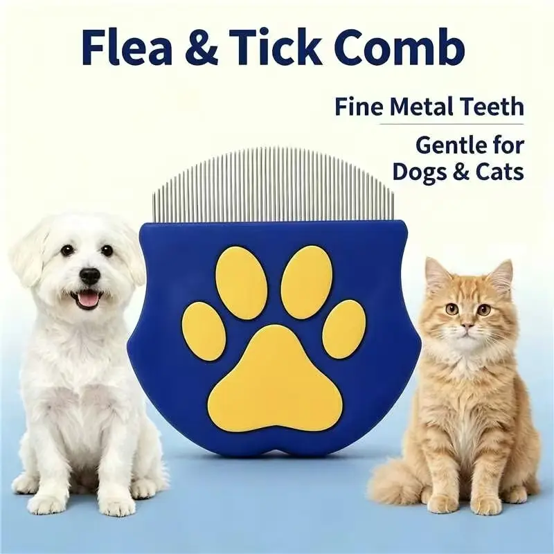 Flea & Tick Comb for Dogs & Cats, Fine Metal Tooth Pet Grooming Tool, Gentle Flea Remover Brush, Tick Removal Comb for Puppies & Kittens