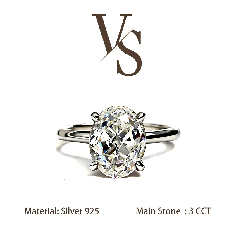 [Venus Jewelry] Lab Created Gemstone 3 CCT Clear Oval Shape Solid Silver 925 Ring