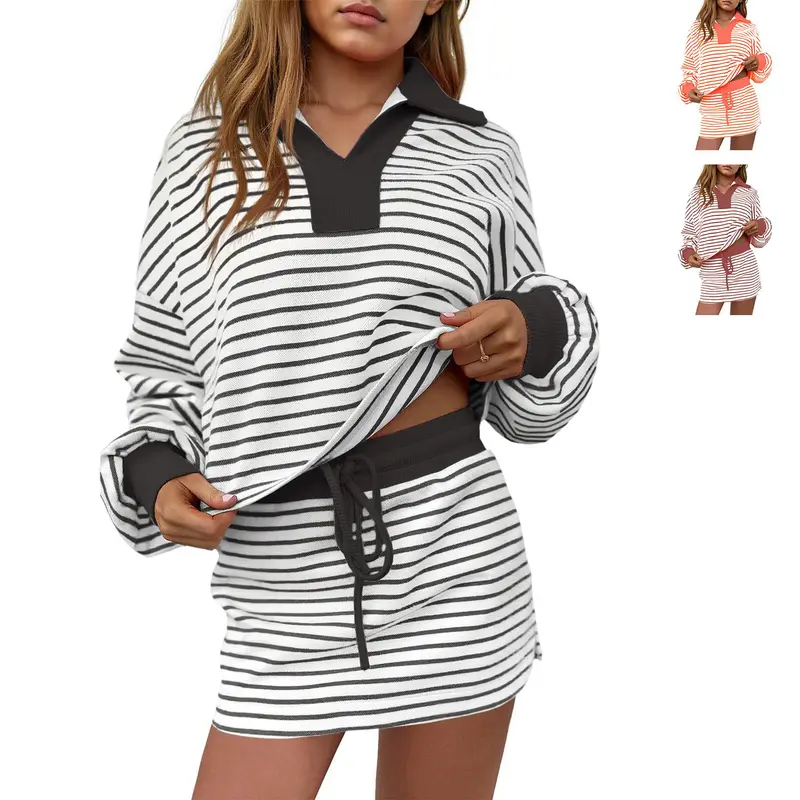 Renaishow Women's 2-Piece Elegant Athleisure Skort Set - Polyester Striped V-Neck Top, High Waist Skirt with Built-in Shorts, Comfortable Elastic Fitted Sporty Chic Women's Clothing Sets, 2 Piece Sets Women