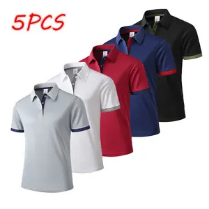 Men's Stylish Polo Shirt Set of 5 - Short Sleeve with Colorblock Trim, Breathable and Casual, Perfect for Everyday and Office Wear