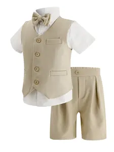 Boys' Gentleman Set, Vest Bow Tie Pants Three-Piece, School Performance Wedding Holiday Formal Wear, Elegant Fitted High Waist