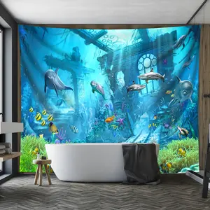Mysterious Underwater World Backdrop Ocean Nature Backdrop Deep Sea Background Cloth Marine Tapestry Wall Hanging Photography Background Polyester Fiber Living Room Bedroom Office Home Party Event Studio Prop Wall Art