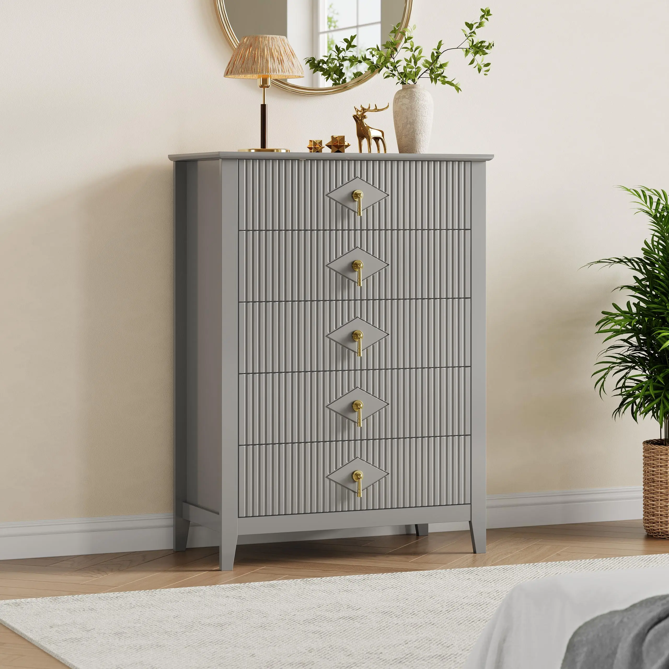Gray Transitional 5-Drawer Set Dresser with Fluted Panels, Metal Handles & Sturdy Legs - 42.9" Tall Engineered Wood Anti-Tip Safe Storage Cabinet, Easy-Assembled Indoor Furniture for Bedroom, Living Room