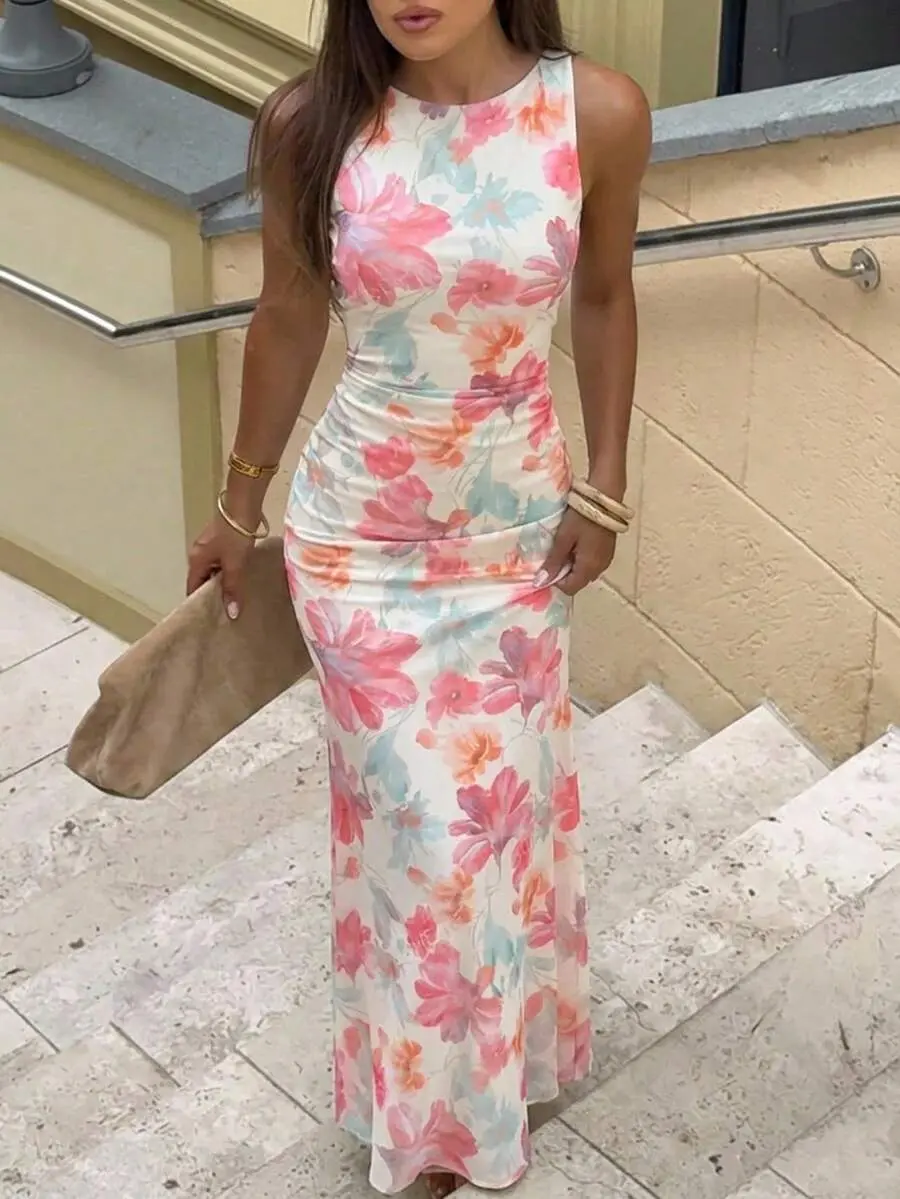 SLAYDIVA White Floral Summer Elegant Tropical Romantic Garden Party Vacation Backless Dress Ruffle Long Wedding Guest Women BeachEvening Dress
