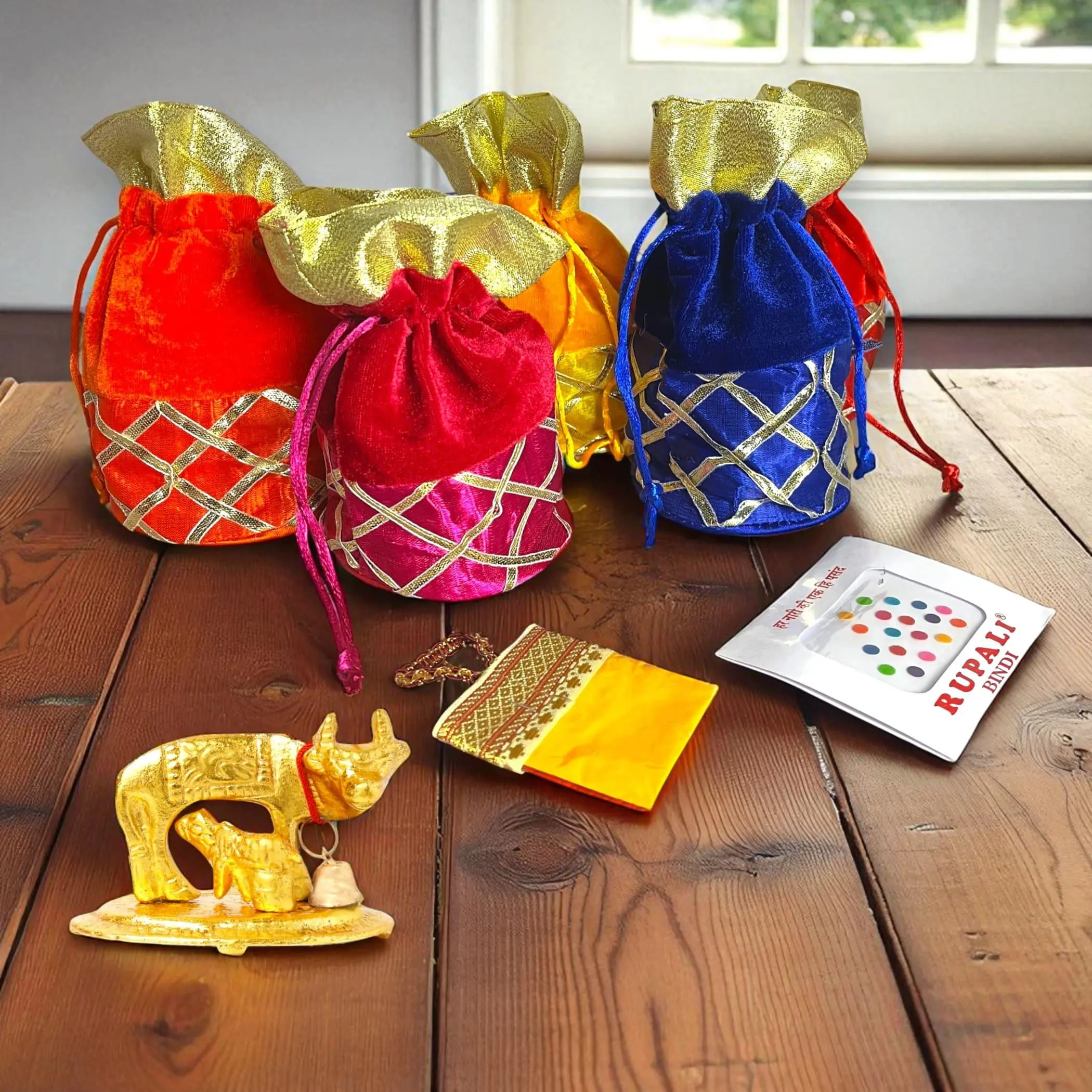 Sacred Varalakshmi Vratham Gift Set | Velvet Potli Bags, Haldi Kumkum, Lakshmi Feet | Perfect for Navaratri, Pooja, Housewarming