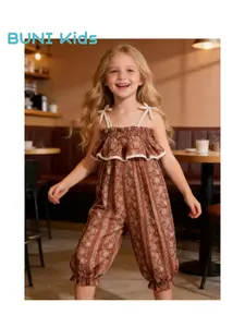 Toddler Girls 2-8Y Summer Spaghetti Strap Ruffle Printed Anti-Mosquito Bubble Pants Jumpsuit, 2 Styles Boho Loose Harem Romper for Kids, School, Playdate, Picnic, Camping, Birthday Party, Photoshoot, Holiday, Summer Outfit