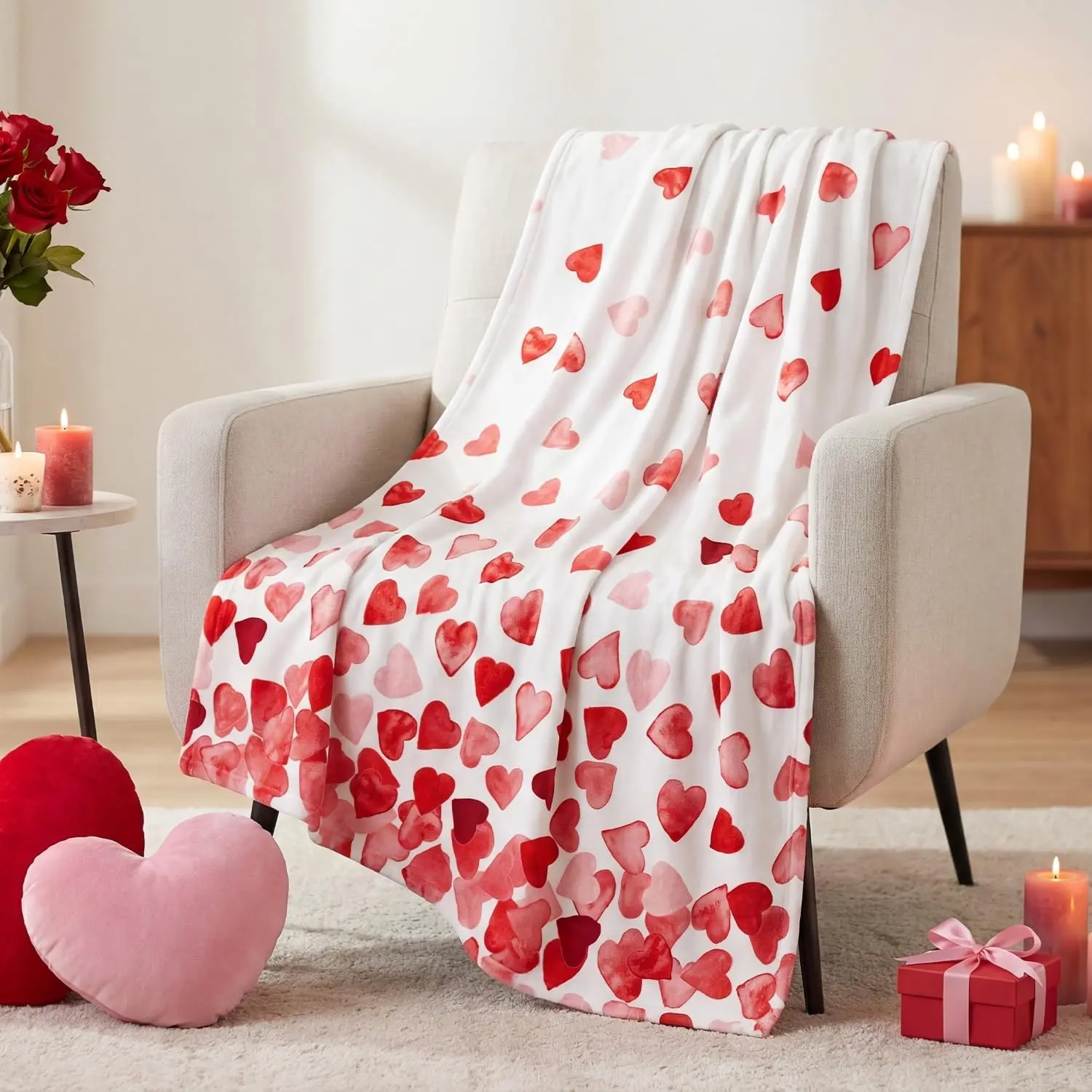 Valentine Wrinkle-Resistant Breathable Flannel Throw Blanket, Red Love Hearts Soft Fuzzy Plush Fleece for Couch Sofa, Ideal Gift for Adults, 50x60in